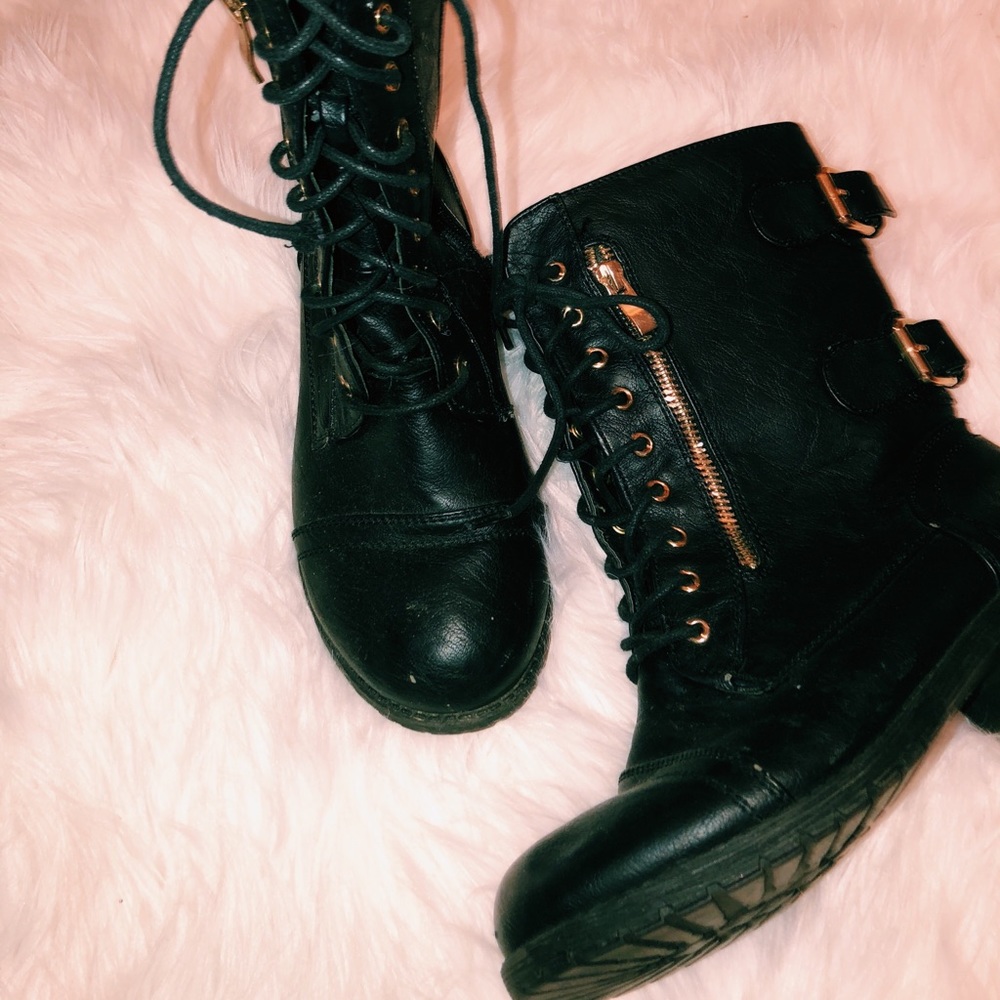 Black leather combat boots w gold detailing